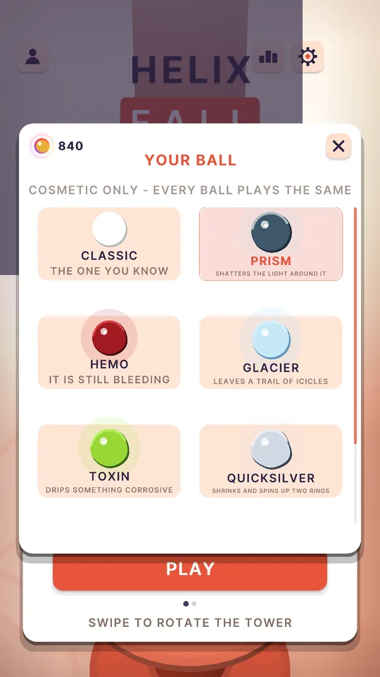 The Helix Fall ball picker: Classic, Prism, Hemo, Glacier, Toxin and Quicksilver, marked cosmetic only