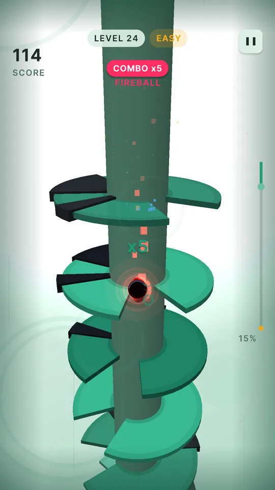 Helix Fall gameplay on level 24: a dark ball mid-combo, with the score and the progress meter on screen