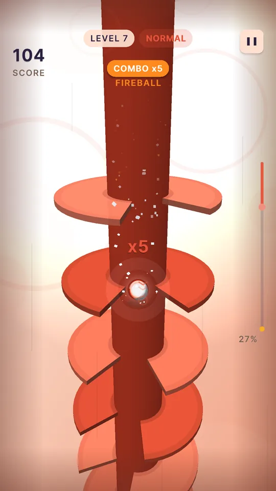 Helix Fall gameplay: a five-combo fireball smashing through a coral tower on level 7