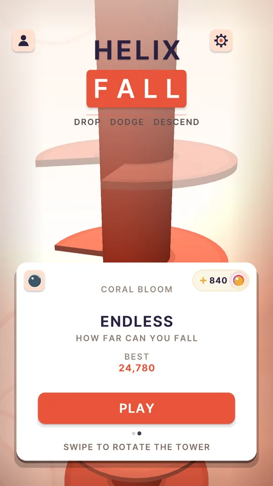 The Helix Fall start screen on Endless, showing a best score of 24,780