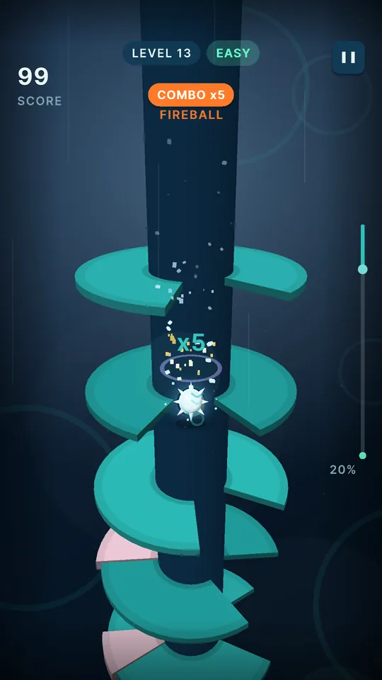 Helix Fall gameplay with the spiky Glacier ball falling through a teal tower