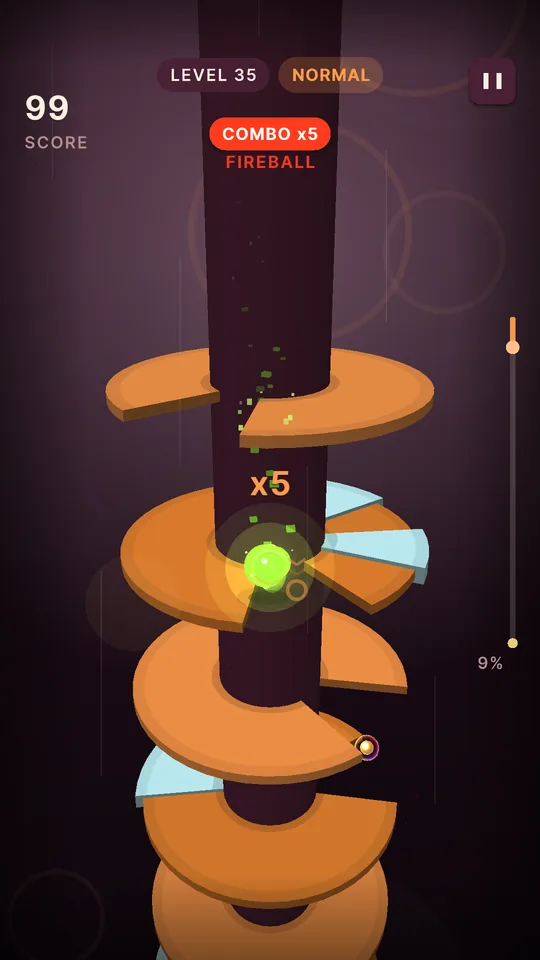 Helix Fall gameplay with the glowing green Toxin ball on an orange tower on level 35